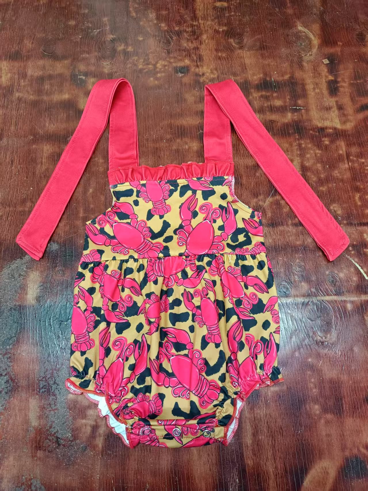 Preorder moq 5 Baby Girls Pink Strap Leopard Crayfishes Ruffle Rompers