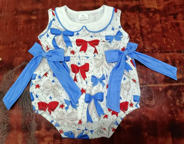 Preorder moq 5 Baby Girls Sleeveless Blue Red Bows Stars 4th Of July Ruffle Rompers