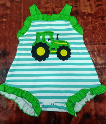 Preorder moq 5 Baby Girls Green Stripe Strap Truck Farm Ruffle Rompers