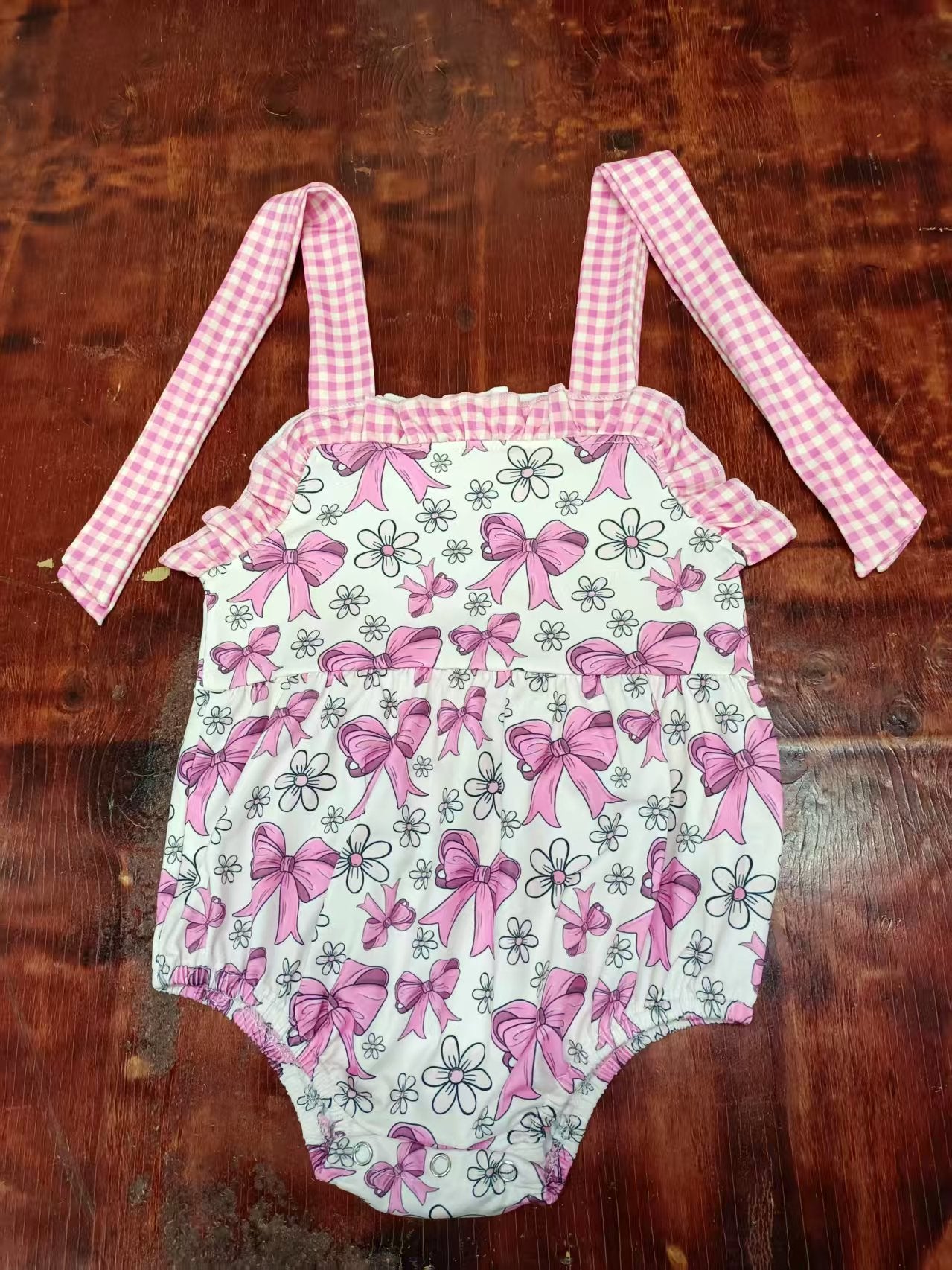 Preorder moq 5 Baby Girls Pink Plaid Strap Bows Flowers Ruffle Rompers