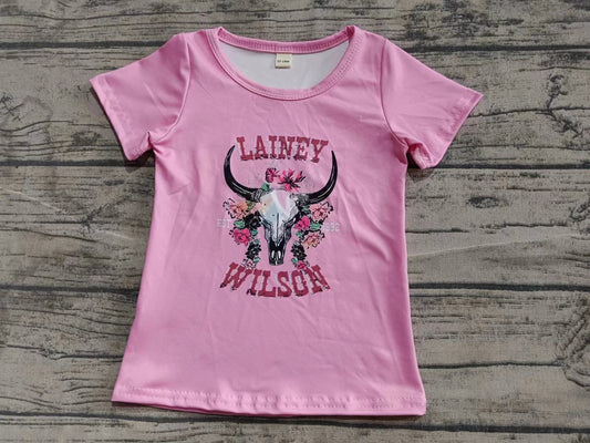Preorder (moq 5)Baby Girls Pink Short Sleeves Lainey Wilson Bull Skull Tee Shirts Top
