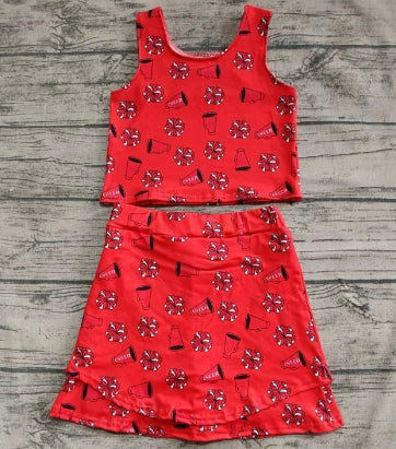 Preorder (moq 5)Baby Girls Red Sleeveless Cheer Firework Top Ruffle Short Skirts Set