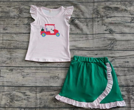 Preorder (moq 5)Baby Girls Pink Stripe Flutter Sleeves Golf Truck Top Green Ruffle Short Skirts Set