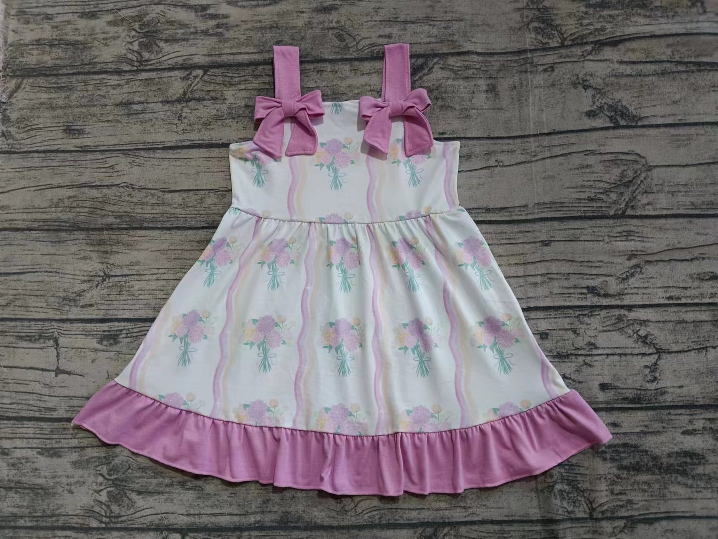Preorder (moq 5)Baby Girls Pink Strap Bows Flowers Plaid Knee Length Dress