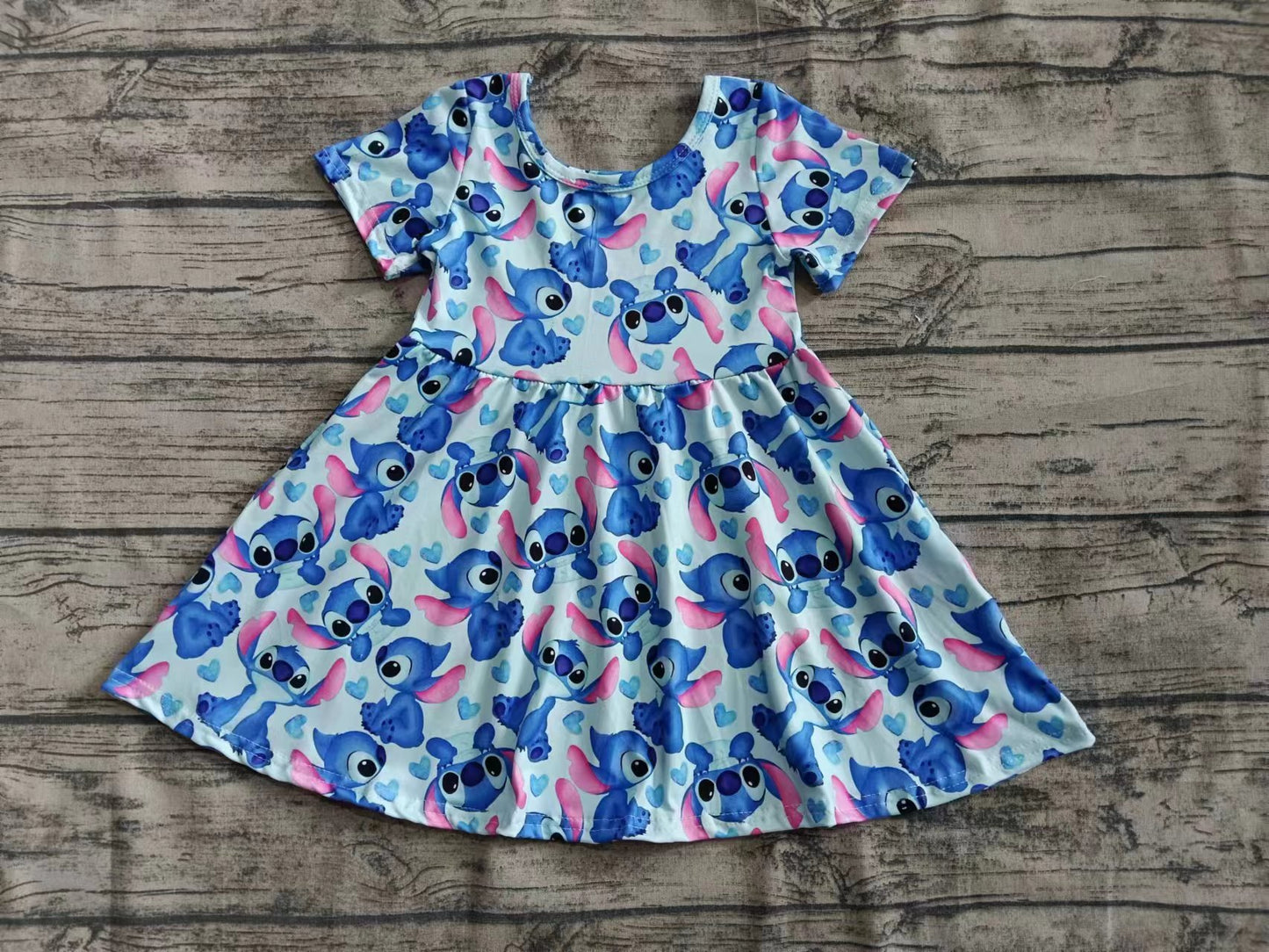 Preorder (moq 5)Baby Girls Blue Short Sleeves Cartoon Bunny Hearts Knee Length Dresses