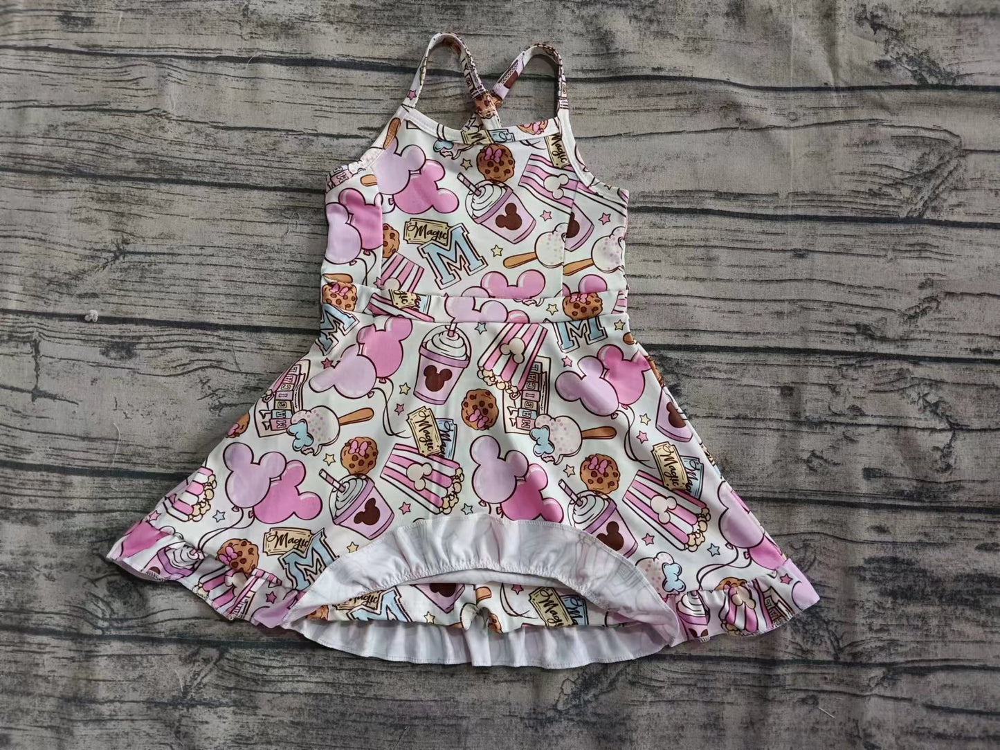 Preorder (moq 5)Baby Girls Strap Cartoon Mouses Balloons Shorts Knee Length Dresses