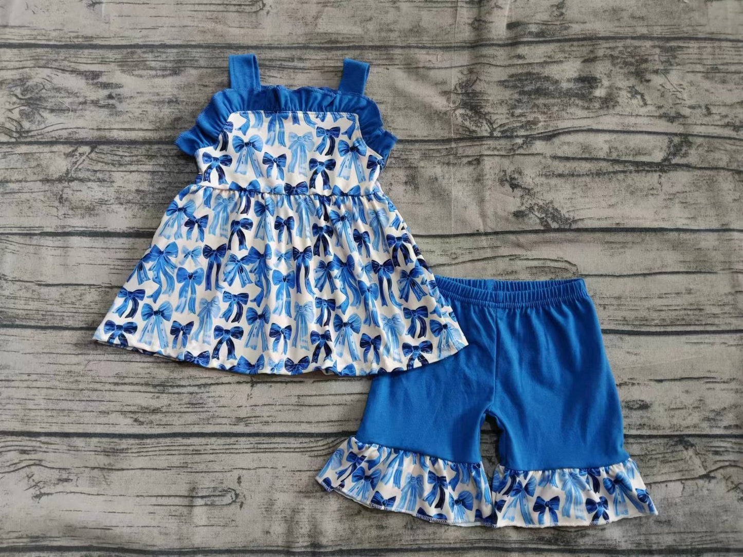 Preorder (moq 5)Baby Girls Hot Blue Strap Bows Plaid Tunic Ruffle Shorts Set