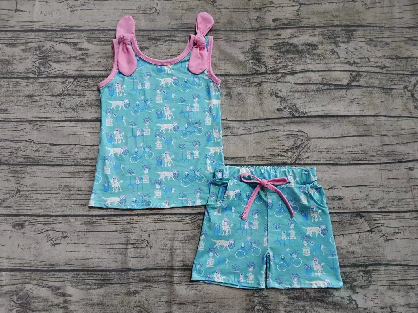 Preorder (moq 5)Baby Girls Bows Sleeveless Dogs Plants Top Pockets Shorts Set
