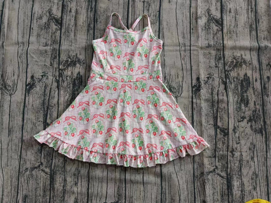 Preorder (moq 5)Baby Girls Pink Strap Bows Strawberry Plaid Shorts Knee Length Dresses