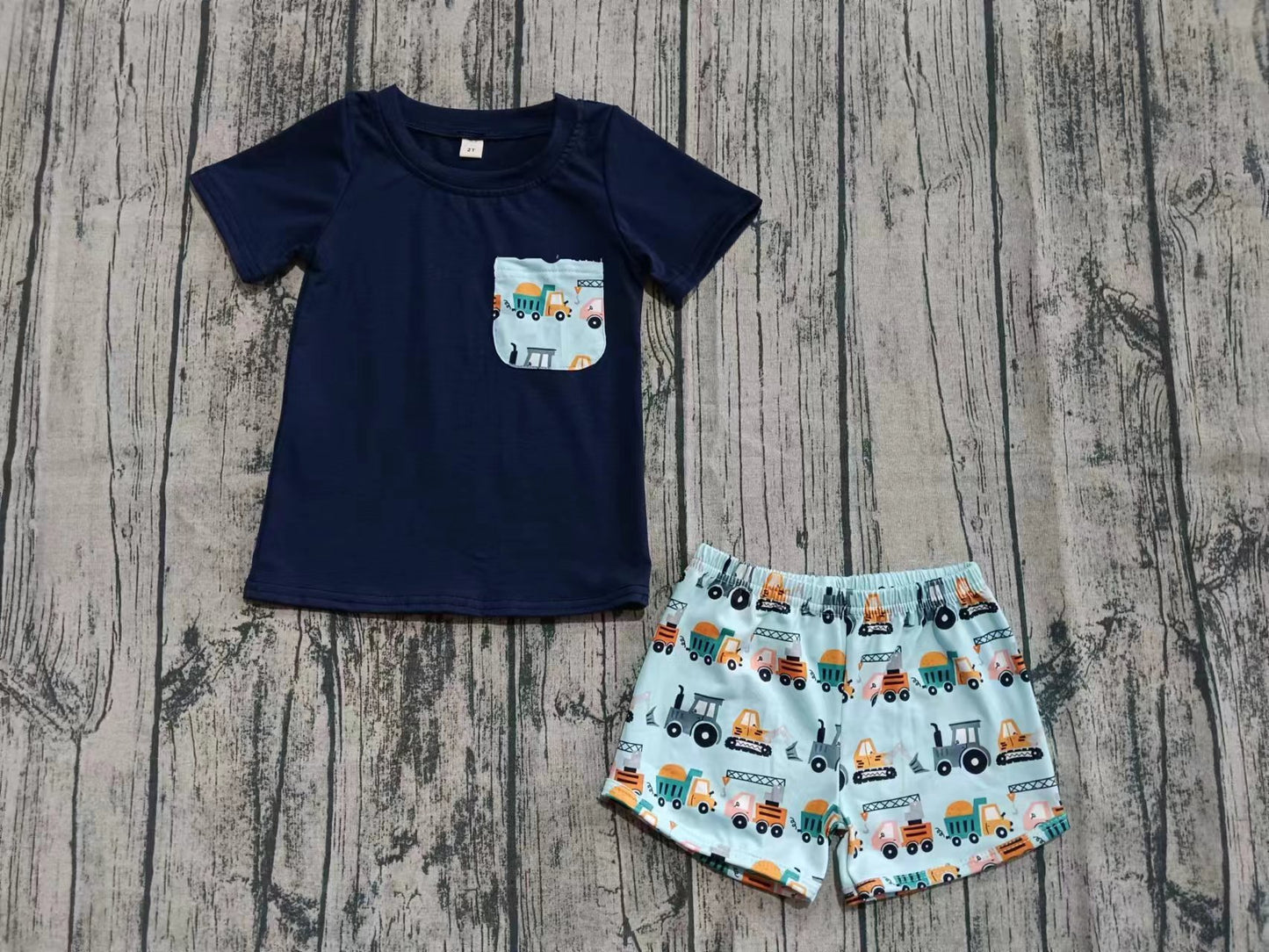Preorder (moq 5)Baby Boys Navy Short Sleeves Pocket Top Excavators Plaid Shorts Set