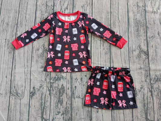 Preorder (moq 5)Baby Girls Long Sleeves Red Bows Flowers Top Short Pajamas Set