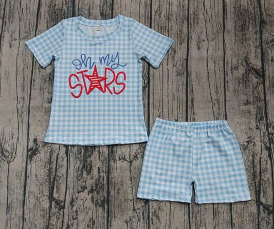 Preorder (moq 5)Baby Boys Blue Plaid Short Sleeves My Stars Top Shorts Pajamas Set