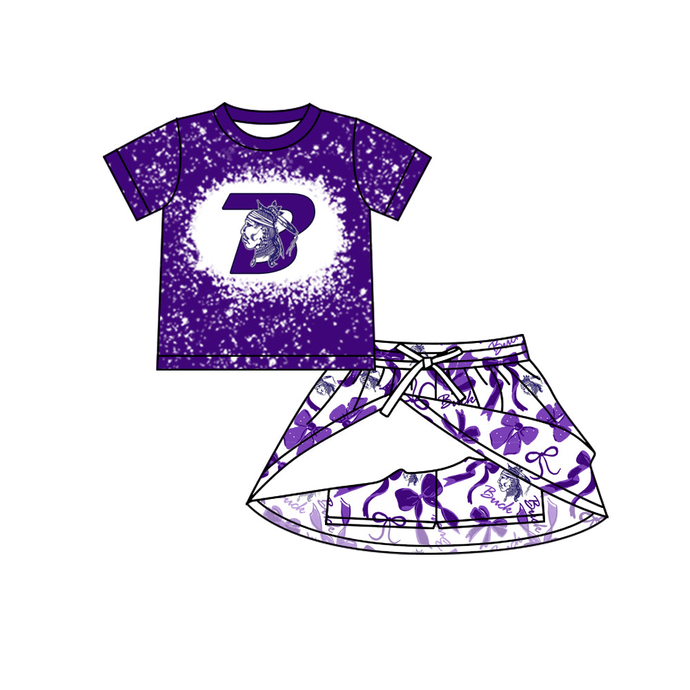 Preorder (moq 5)Baby Girls Purple B Top Bows Skirt Skort Team Sets