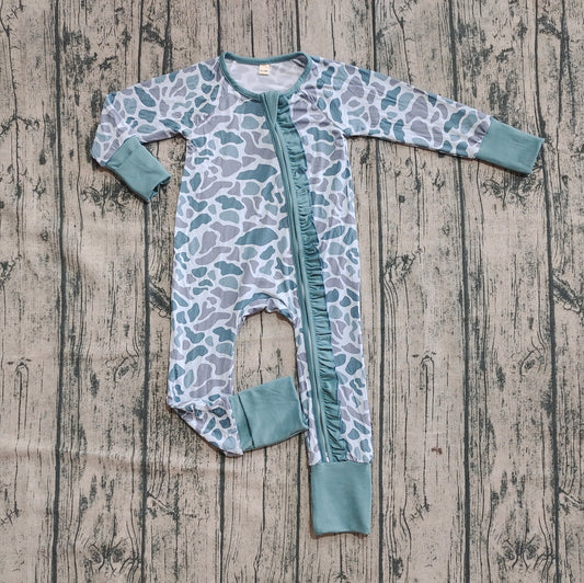 Preorder (moq 20)Baby Girls Bamboo Long Sleeves Gray Camo Ruffle Zipper Rompers