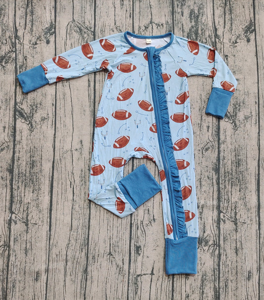 Preorder (moq 20)Baby Girls Bamboo Long Sleeves Footballs Plaid Ruffle Zipper Rompers