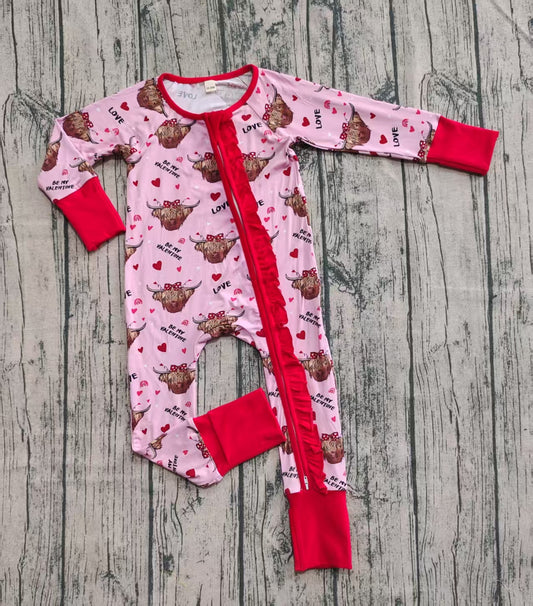 Preorder (moq 20)Baby Girls Bamboo Long Sleeves Highland Cows Hearts Ruffle Zipper Rompers