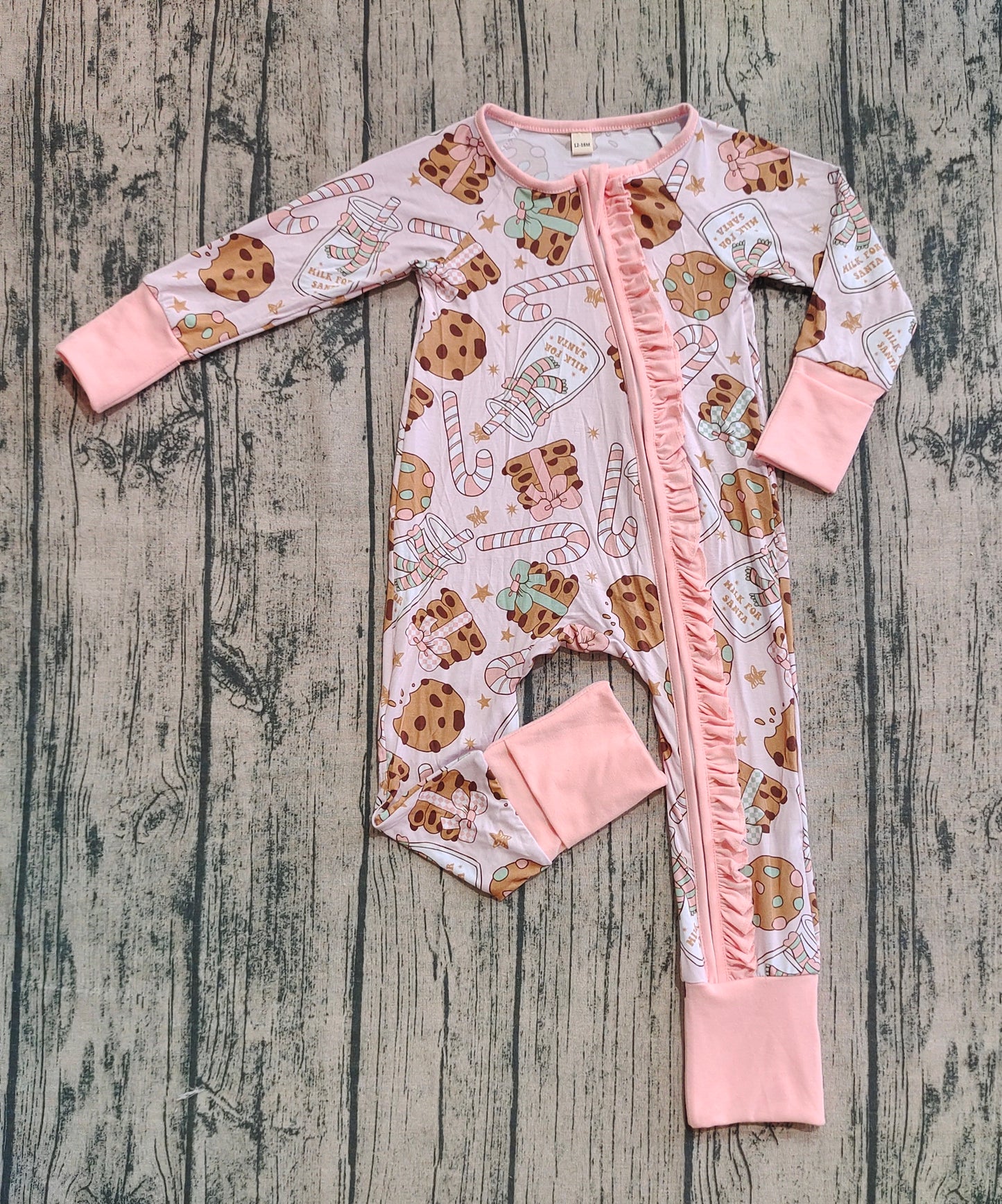 Preorder (moq 20)Baby Girls Bamboo Long Sleeves Milk Cookie Christmas Ruffle Zipper Rompers