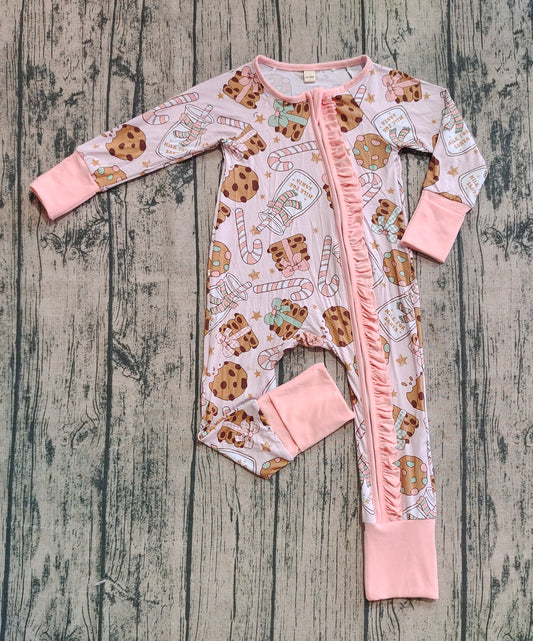 Preorder (moq 20)Baby Girls Bamboo Long Sleeves Milk Cookie Christmas Ruffle Zipper Rompers