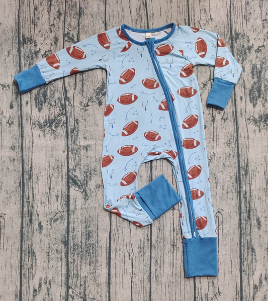 Preorder (moq 20)Baby Boys Bamboo Long Sleeves Footballs Plaid Zipper Rompers
