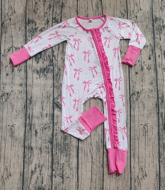 Preorder (moq 20)Baby Girls Bamboo Long Sleeves Pink Bows Plaid Ruffle Zipper Rompers