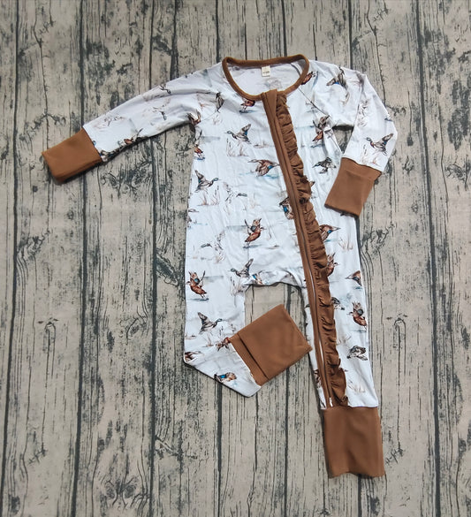 Preorder (moq 20)Baby Girls Bamboo Long Sleeves Ducks Plaid Ruffle Zipper Rompers