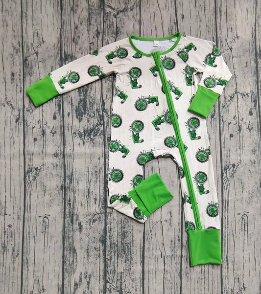 Preorder (moq 20)Baby Boys Bamboo Long Sleeves Green Trucks Plaid Farm Zipper Rompers