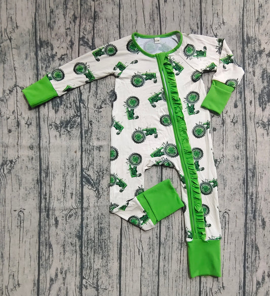 Preorder (moq 20)Baby Girls Bamboo Long Sleeves Green Trucks Plaid Farm Ruffle Zipper Rompers