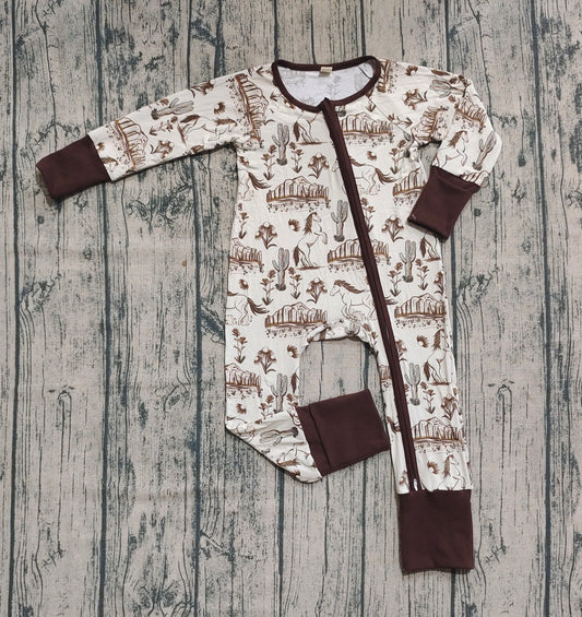Preorder (moq 20)Baby Boys Bamboo Long Sleeves Cactus Horses Western Zipper Romper