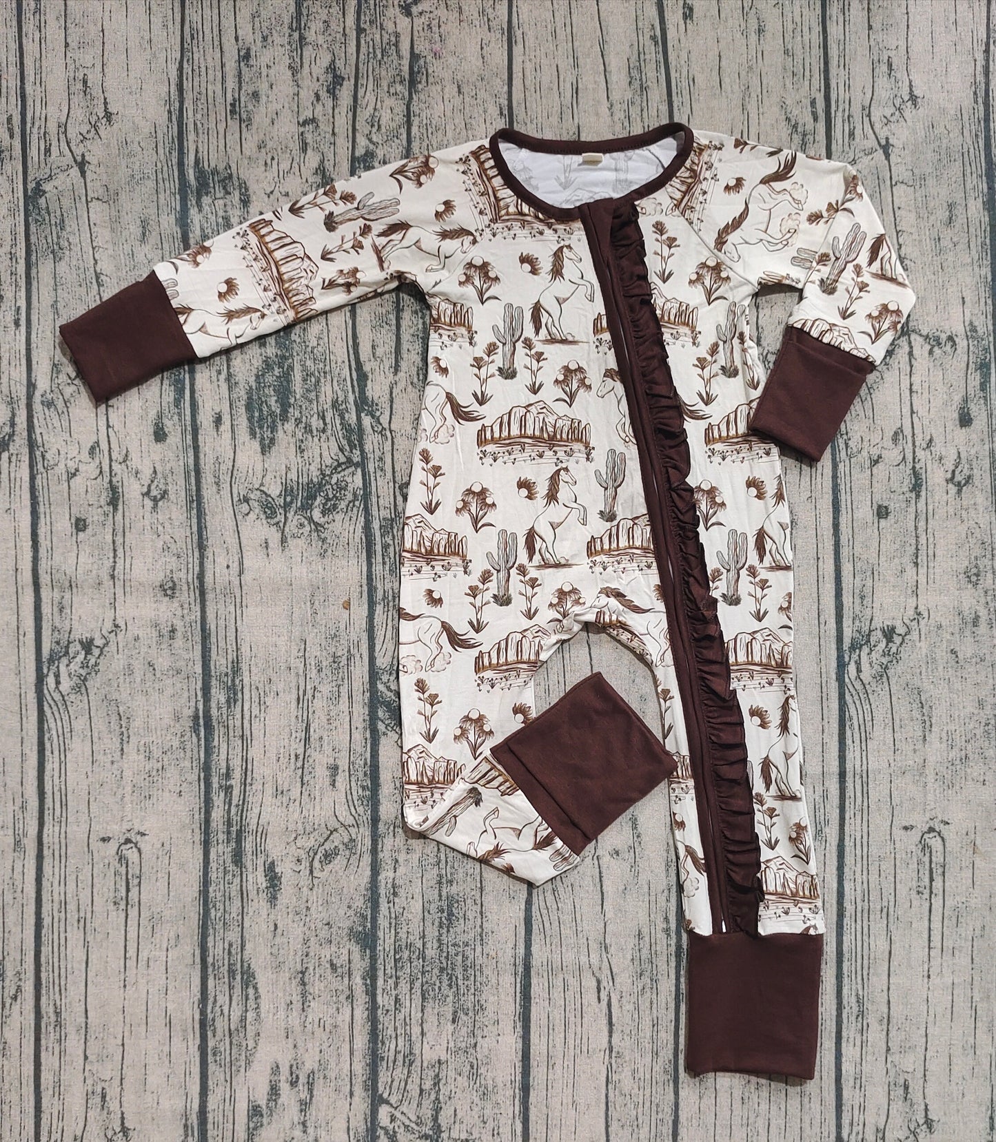 Preorder (moq 20)Baby Girls Bamboo Long Sleeves Cactus Horses Western Ruffle Zipper Romper