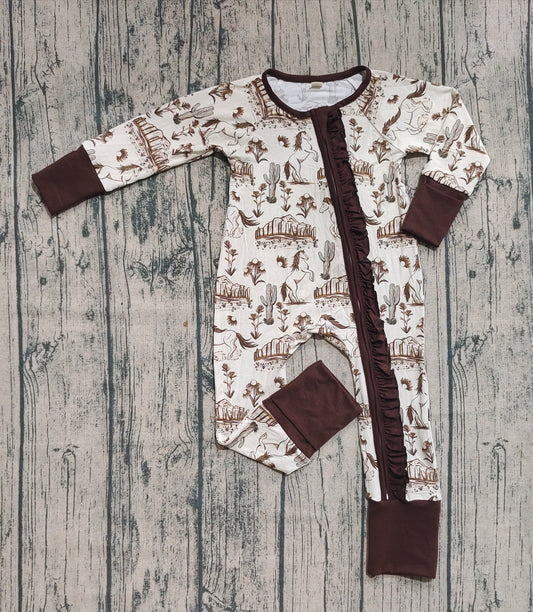 Preorder (moq 20)Baby Girls Bamboo Long Sleeves Cactus Horses Western Ruffle Zipper Romper