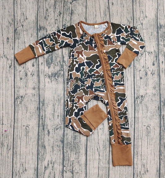 Preorder (moq 20)Baby Girls Bamboo Long Sleeves Brown Camo Western Ruffle Zipper Romper