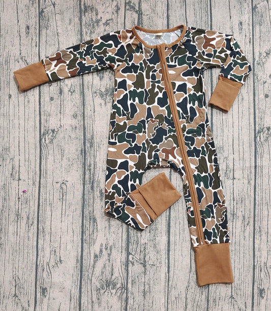 Preorder (moq 20)Baby Boys Bamboo Long Sleeves Brown Camo Western Zipper Romper