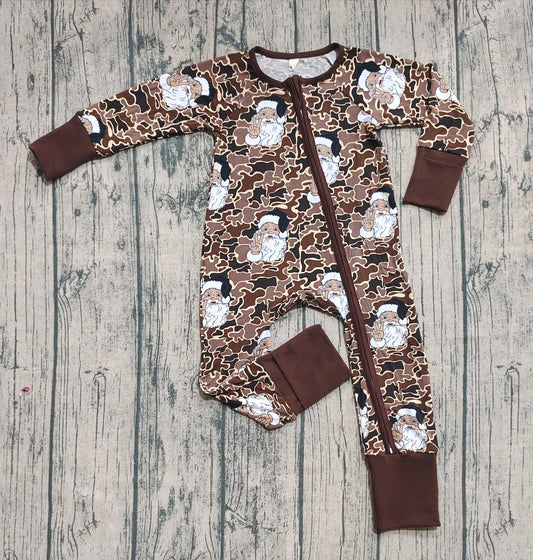Preorder (moq 20)Baby Boys Bamboo Long Sleeves Brown Camo Santa Christmas Zipper Romper
