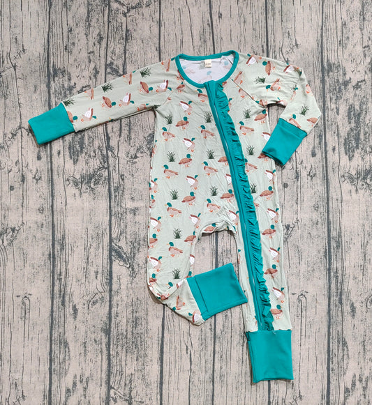 Preorder (moq 20)Baby Girls Bamboo Long Sleeves Ducks Plaid Ruffle Zipper Romper