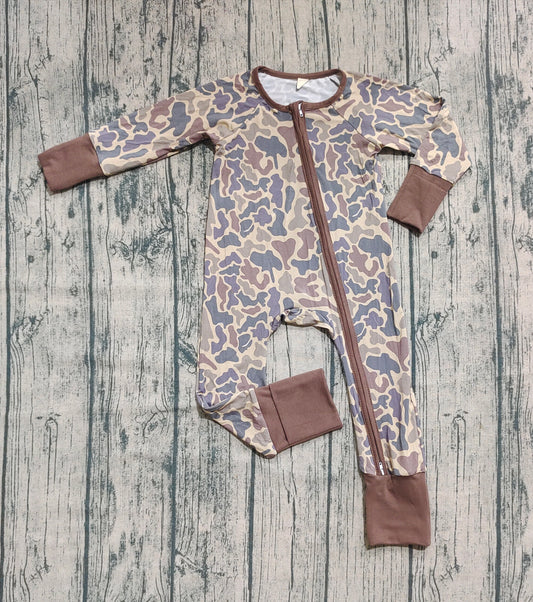 Preorder (moq 20)Baby Boys Bamboo Long Sleeves Khaki Camo Western Zipper Romper