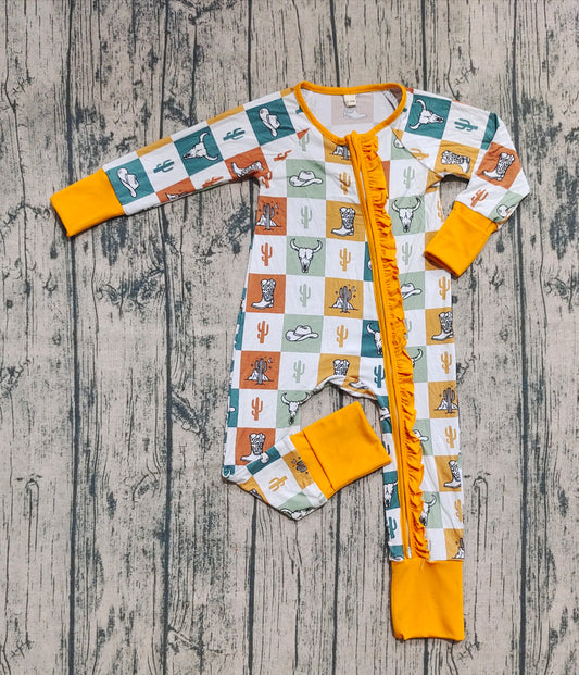 Preorder (moq 20)Baby Girls Bamboo Long Sleeves Bull Skull Cactus Plaid Western Ruffle Zipper Romper