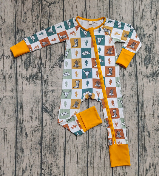 Preorder (moq 20)Baby Boys Bamboo Long Sleeves Bull Skull Cactus Plaid Western Zipper Romper
