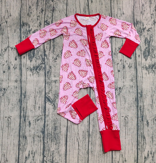 Preorder (moq 20)Baby Girls Bamboo Long Sleeves Christmas Trees Plaid Ruffle Zipper Romper