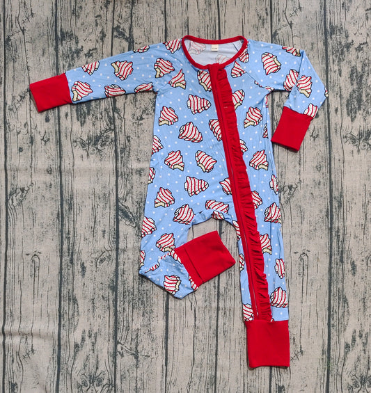 Preorder (moq 20)Baby Girls Bamboo Long Sleeves Christmas Trees Plaid Ruffle Zipper Romper
