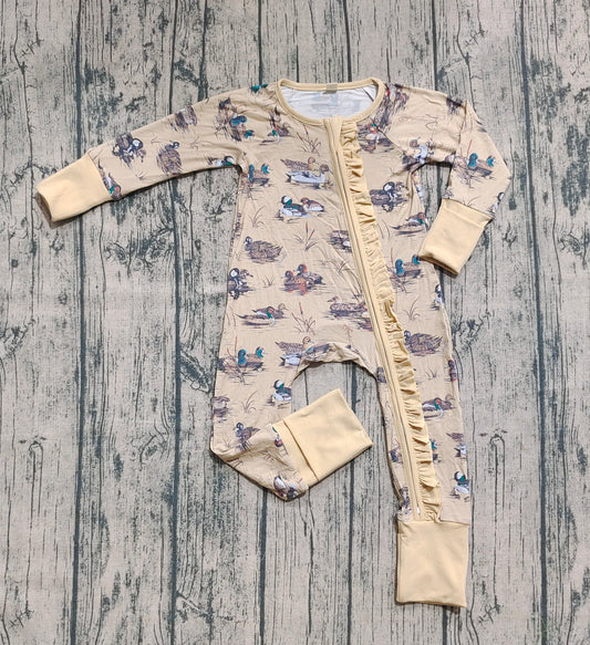 Preorder (moq 20)Baby Girls Bamboo Long Sleeves Mandarin Ducks Ruffle Zipper Romper