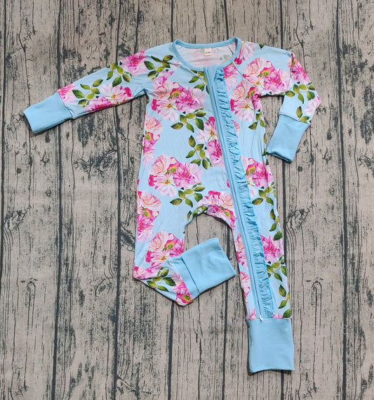 Preorder (moq 20)Baby Girls Bamboo Long Sleeves Pink Flowers Ruffle Zipper Romper