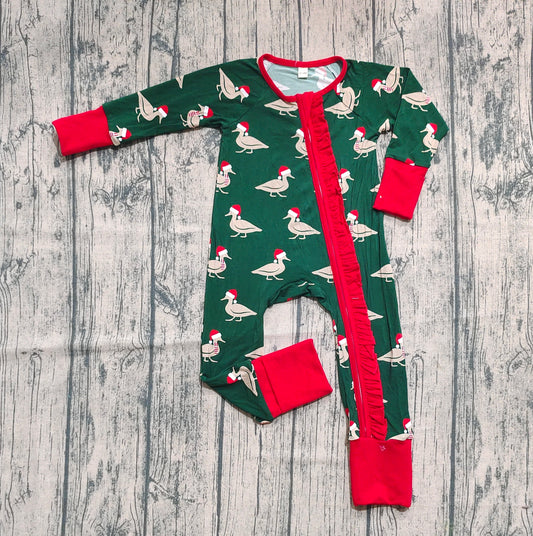 Preorder (moq 20)Baby Girls Bamboo Long Sleeves Christmas Hats Ducks Ruffle Zipper Romper