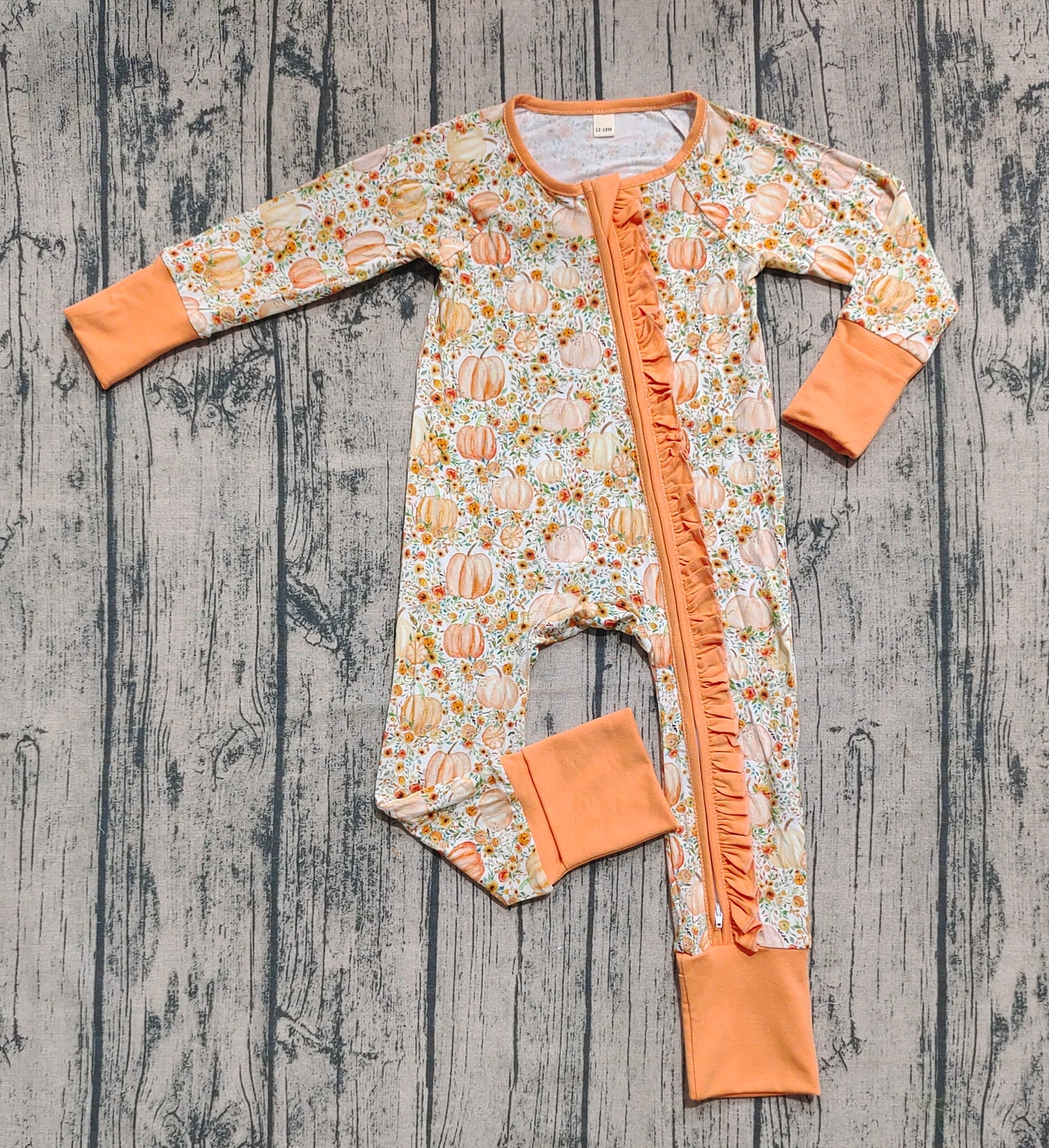 Preorder (moq 20)Baby Girls Bamboo Long Sleeves Pumpkins Floral Ruffle Zipper Romper