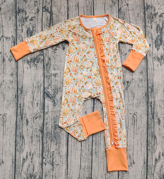 Preorder (moq 20)Baby Girls Bamboo Long Sleeves Pumpkins Floral Ruffle Zipper Romper