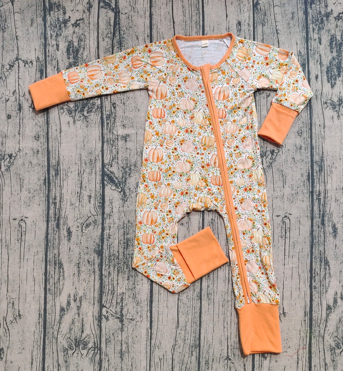 Preorder (moq 20)Baby Boys Bamboo Long Sleeves Pumpkins Floral Zipper Romper