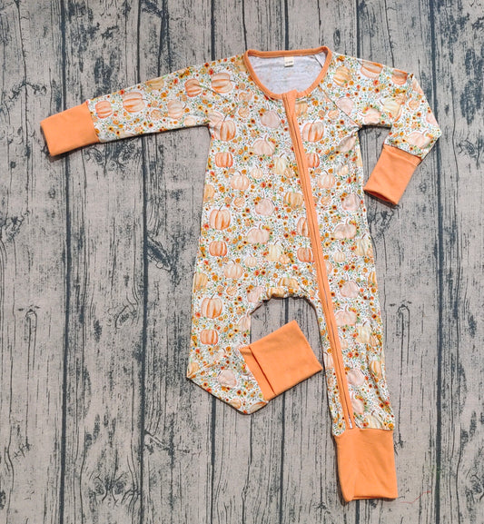 Preorder (moq 20)Baby Boys Bamboo Long Sleeves Pumpkins Floral Zipper Romper