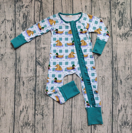 Preorder (moq 20)Baby Girls Bamboo Long Sleeves Ducks Plaid Ruffle Zipper Romper