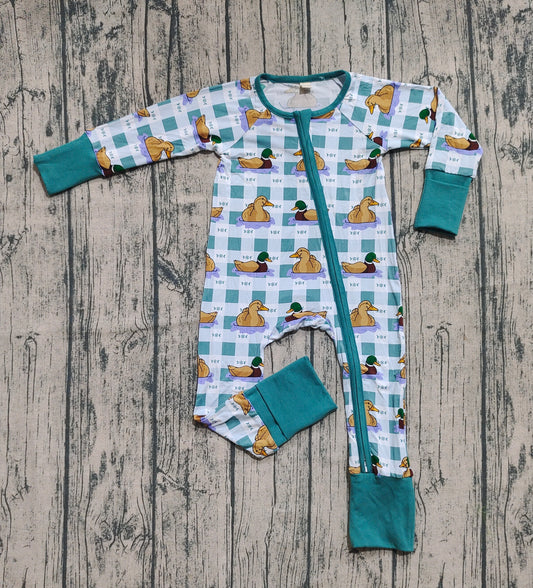 Preorder (moq 20)Baby Boys Bamboo Long Sleeves Ducks Plaid Zipper Romper