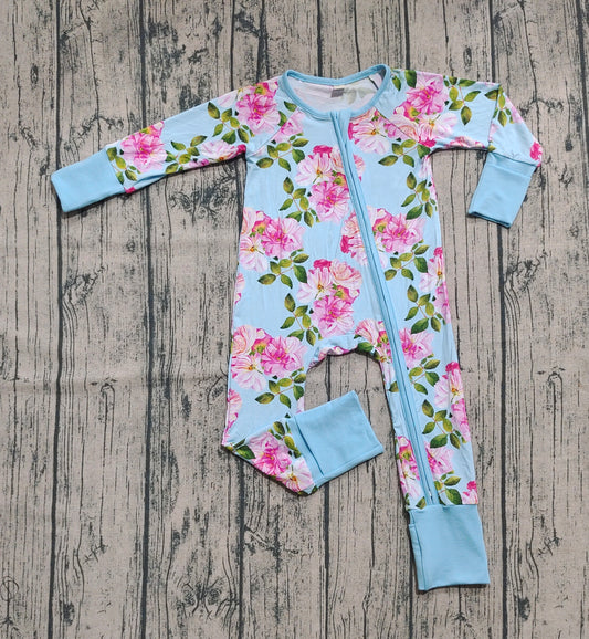 Preorder (moq 20)Baby Boys Bamboo Long Sleeves Pink Flowers Zipper Romper