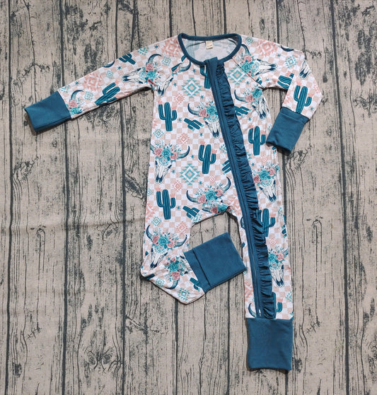 Preorder (moq 20)Baby Girls Bamboo Long Sleeves Bull Skull Cactus Plaid Ruffle Zipper Romper